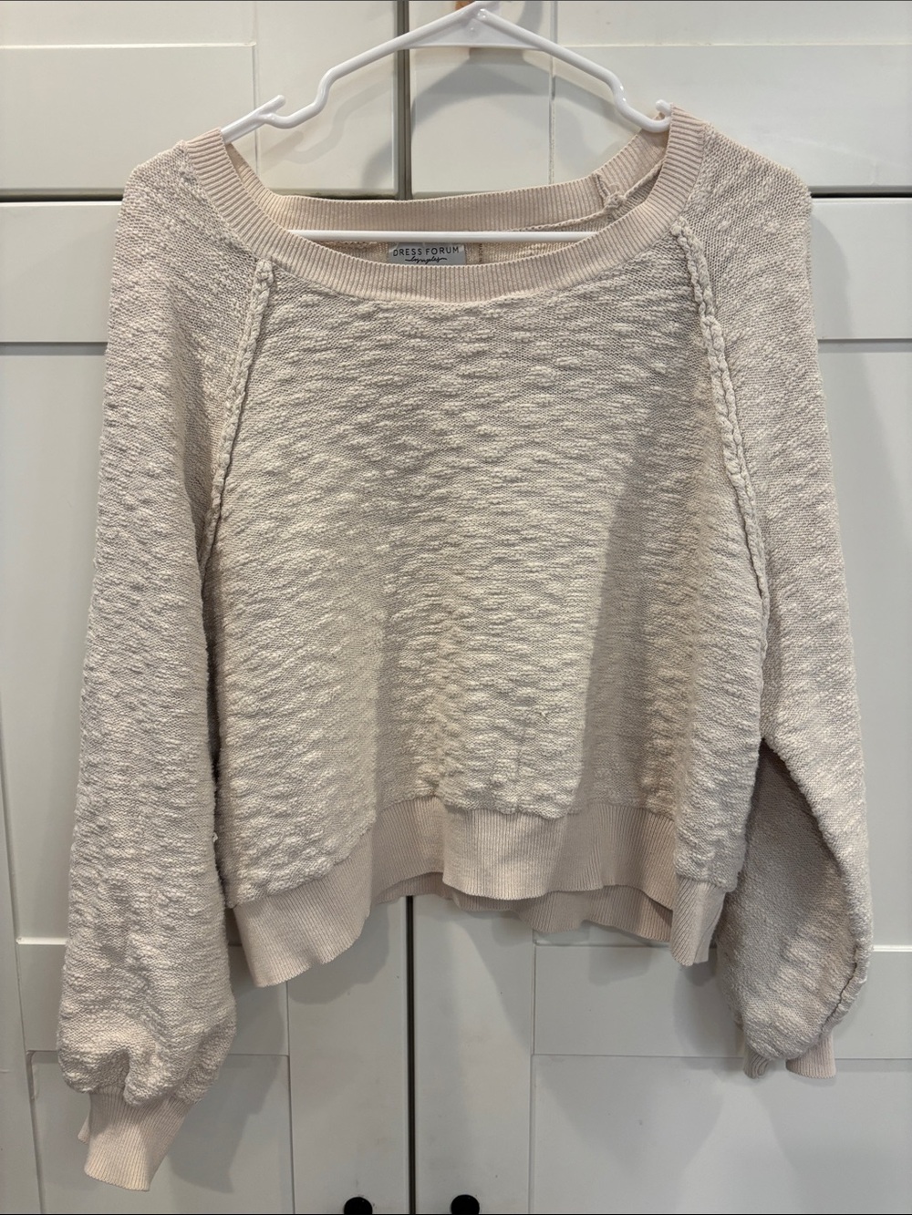 Dress Forum Cream Textured Knit Balloon Sleeve Sweater
